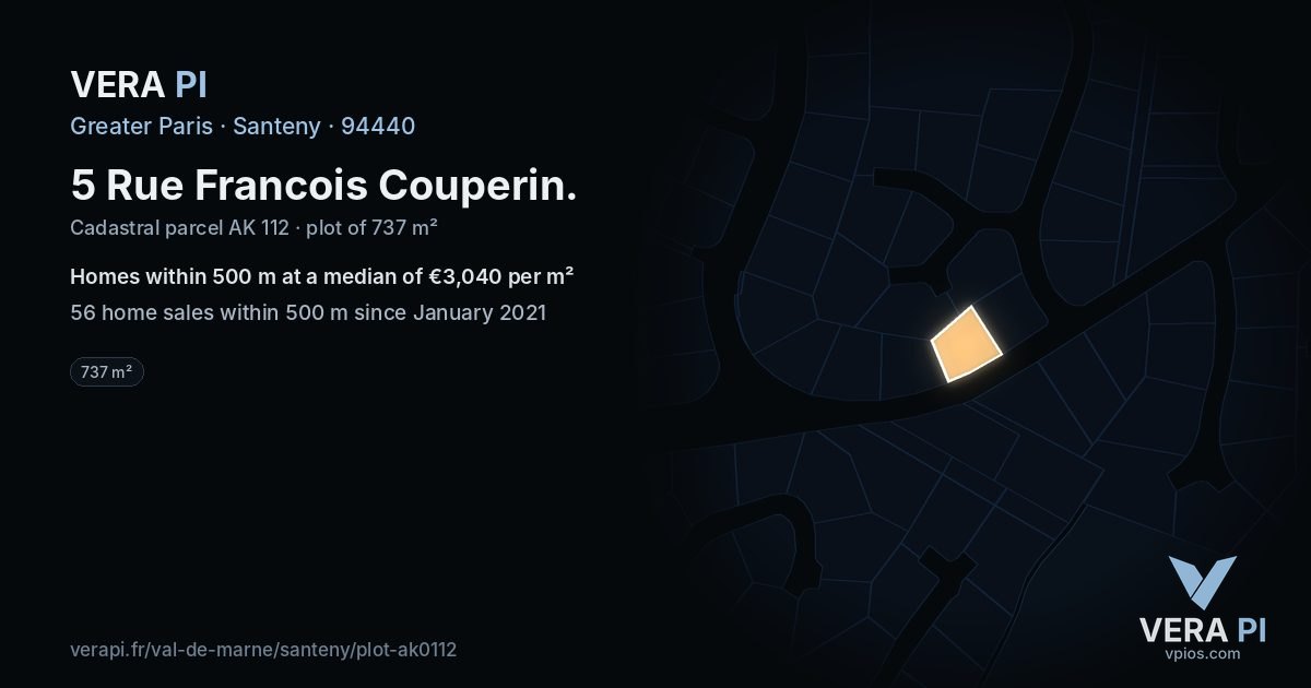 5 Rue Francois Couperin, Santeny at night – the plot lit, the parcels around coloured by the prices near them