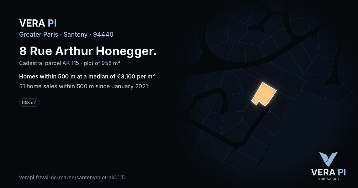 8 Rue Arthur Honegger, Santeny at night – the plot lit, the parcels around coloured by the prices near them