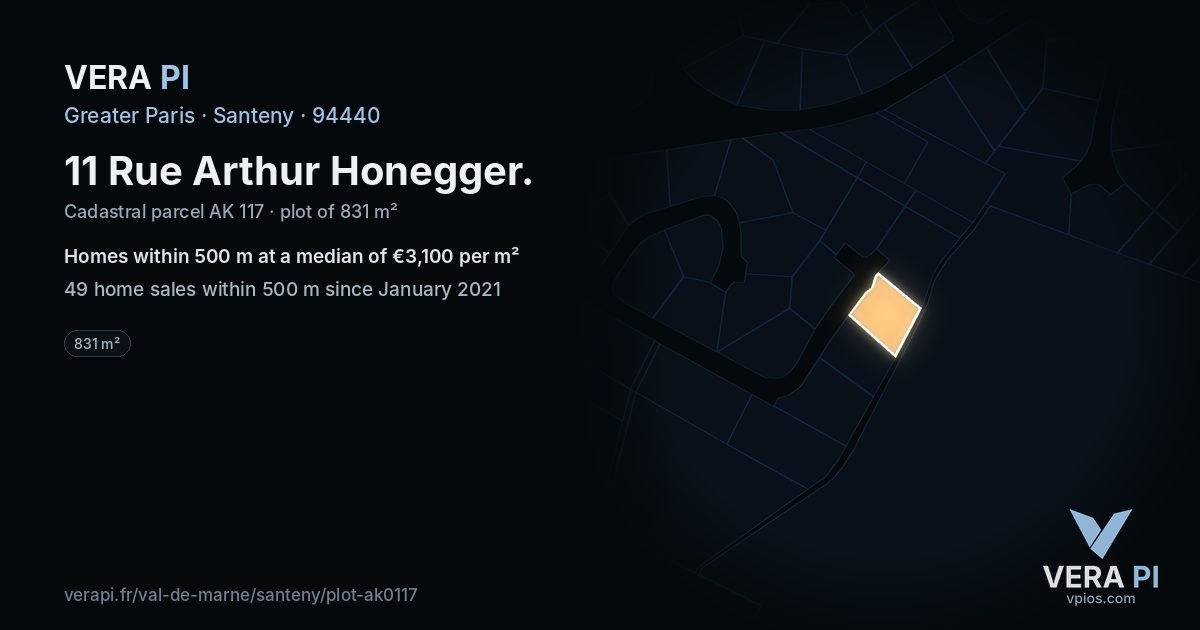 11 Rue Arthur Honegger, Santeny at night – the plot lit, the parcels around coloured by the prices near them