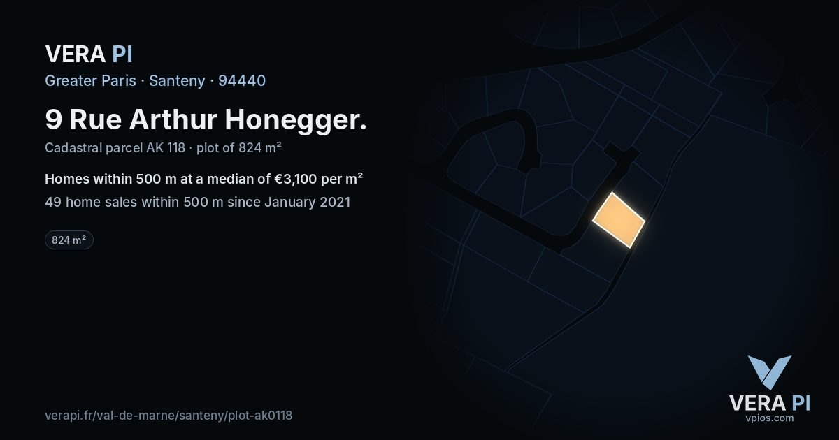 9 Rue Arthur Honegger, Santeny at night – the plot lit, the parcels around coloured by the prices near them