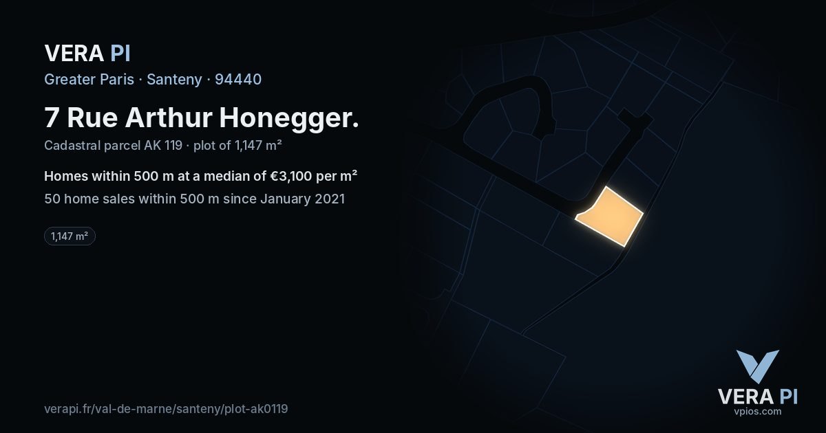 7 Rue Arthur Honegger, Santeny at night – the plot lit, the parcels around coloured by the prices near them