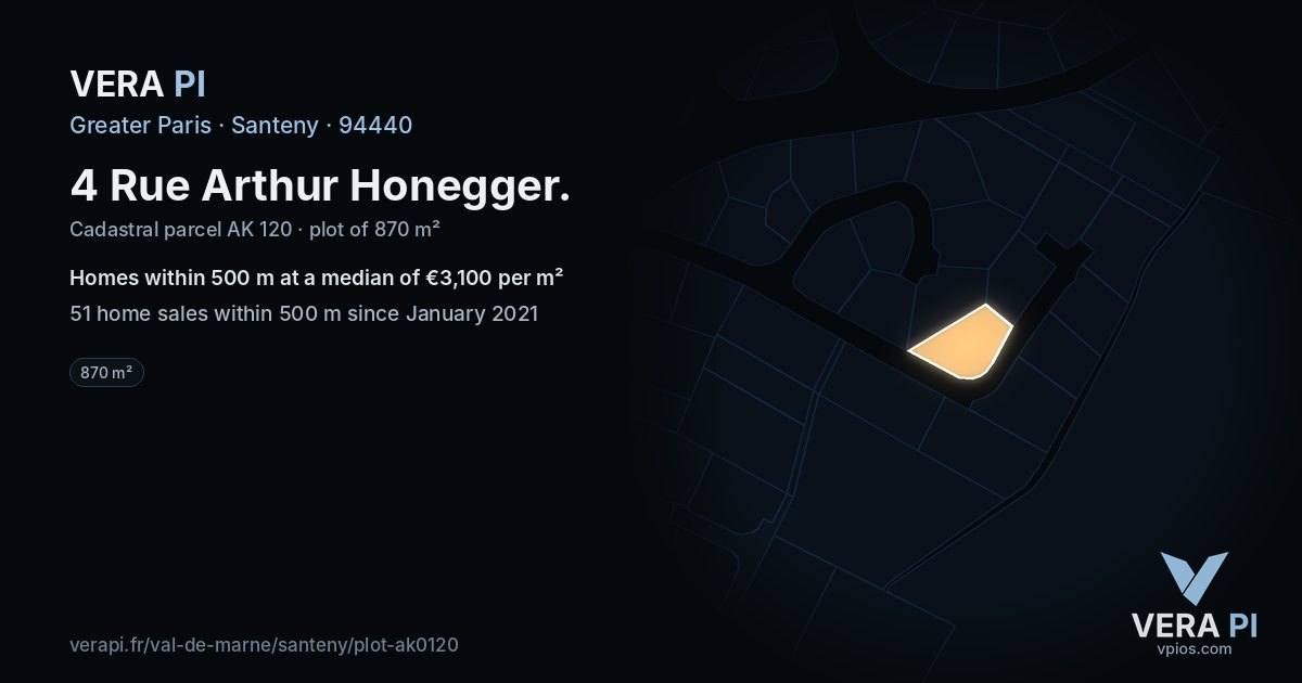 4 Rue Arthur Honegger, Santeny at night – the plot lit, the parcels around coloured by the prices near them