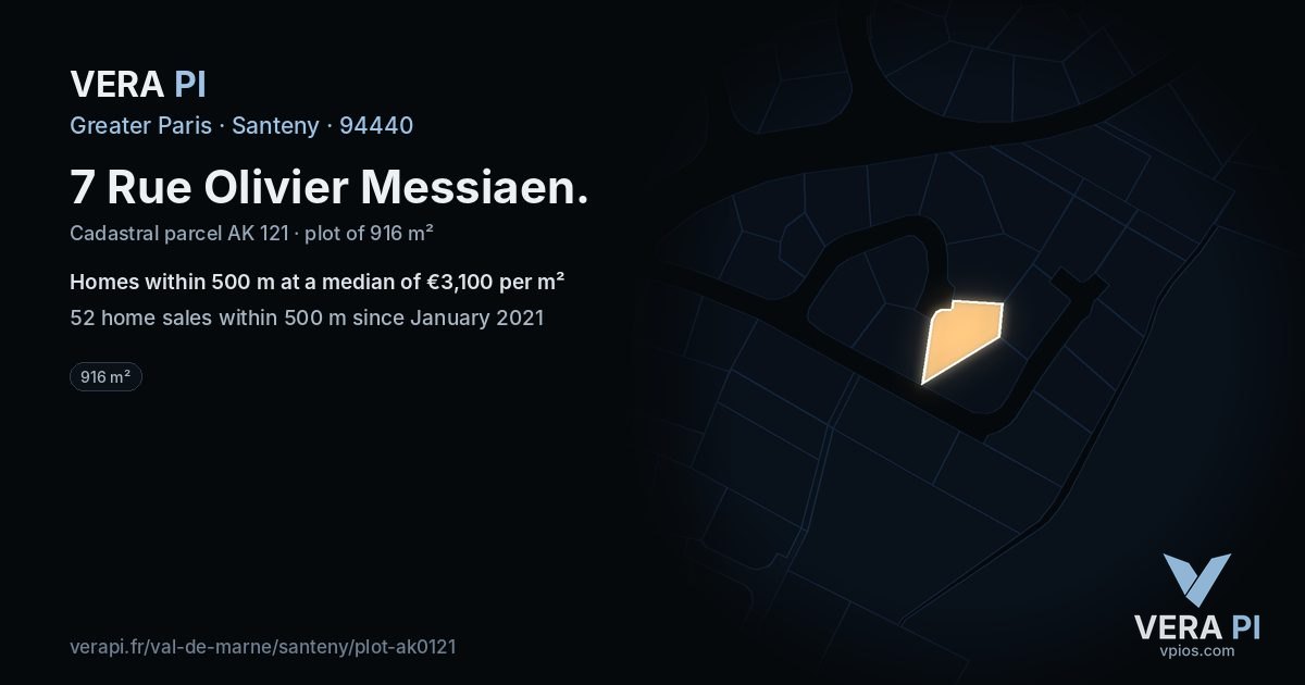 7 Rue Olivier Messiaen, Santeny at night – the plot lit, the parcels around coloured by the prices near them