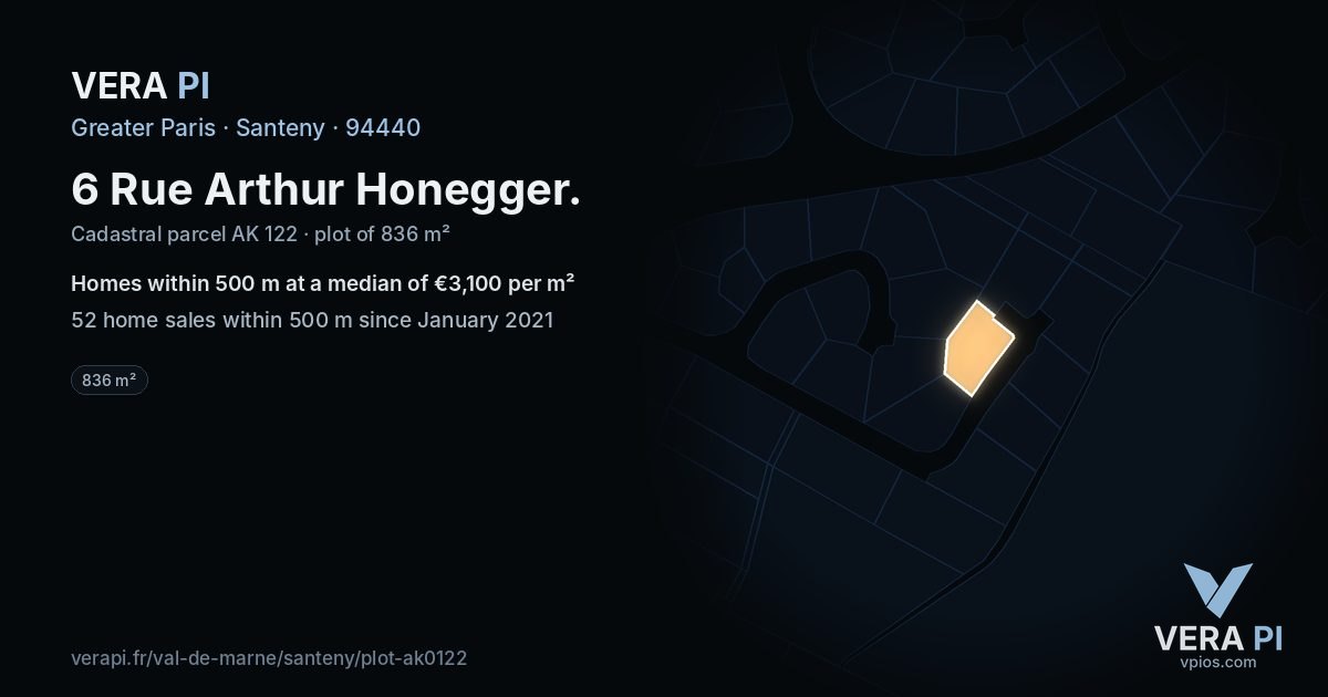 6 Rue Arthur Honegger, Santeny at night – the plot lit, the parcels around coloured by the prices near them