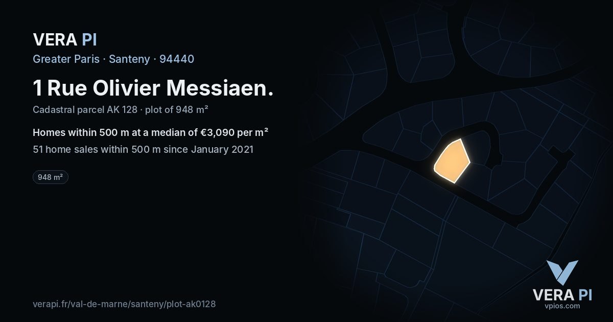 1 Rue Olivier Messiaen, Santeny at night – the plot lit, the parcels around coloured by the prices near them