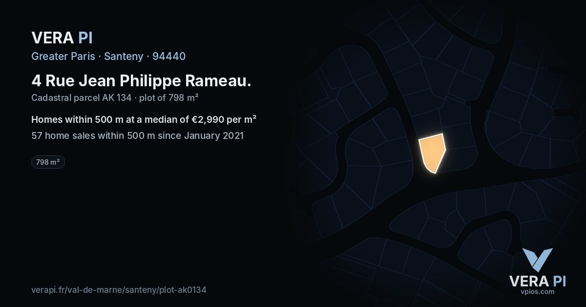 4 Rue Jean Philippe Rameau, Santeny at night – the plot lit, the parcels around coloured by the prices near them