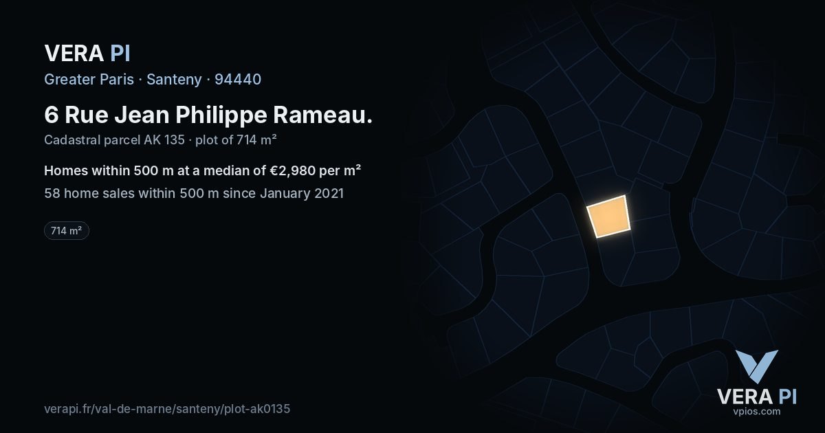 6 Rue Jean Philippe Rameau, Santeny at night – the plot lit, the parcels around coloured by the prices near them