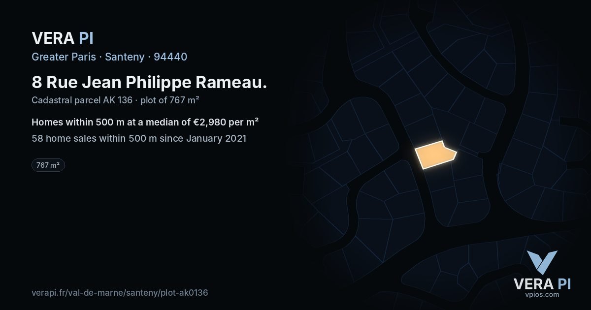 8 Rue Jean Philippe Rameau, Santeny at night – the plot lit, the parcels around coloured by the prices near them