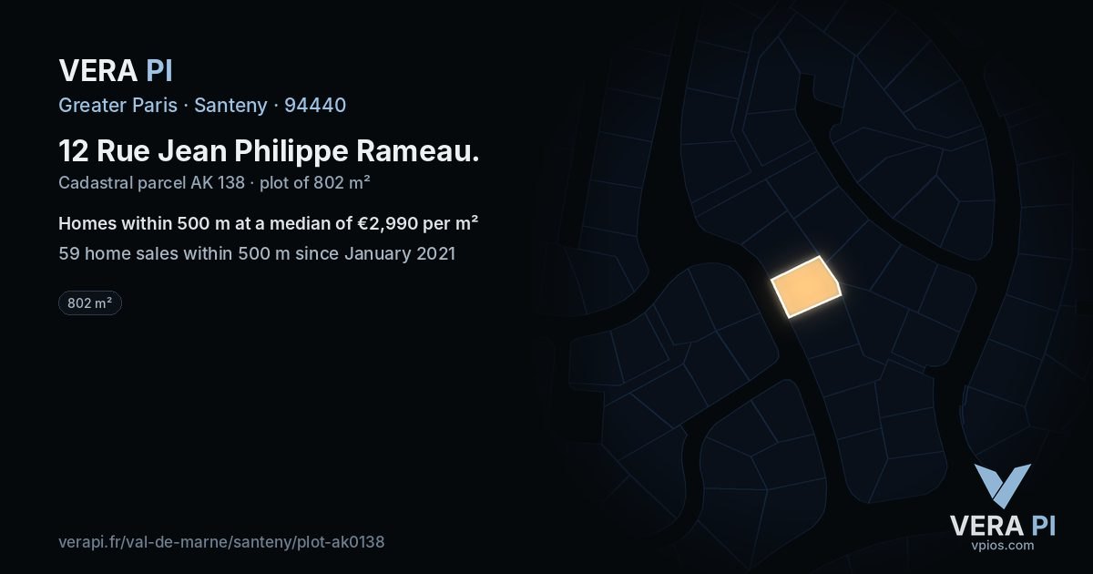 12 Rue Jean Philippe Rameau, Santeny at night – the plot lit, the parcels around coloured by the prices near them