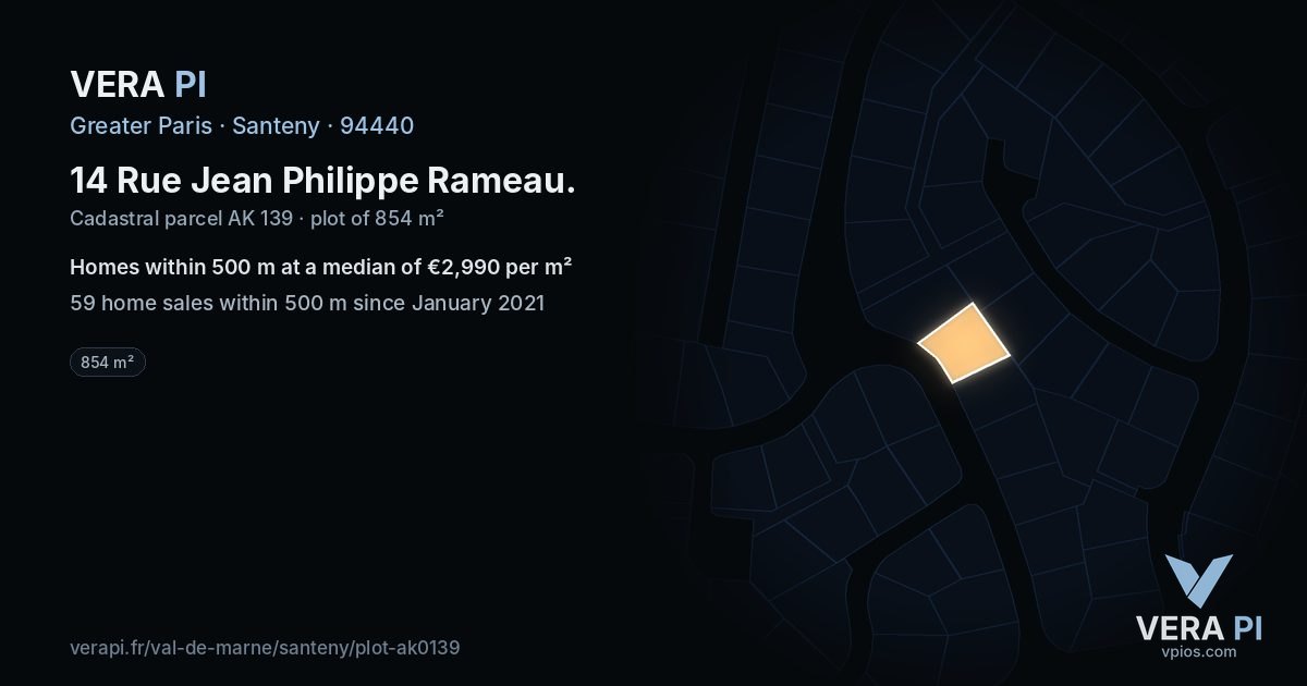 14 Rue Jean Philippe Rameau, Santeny at night – the plot lit, the parcels around coloured by the prices near them