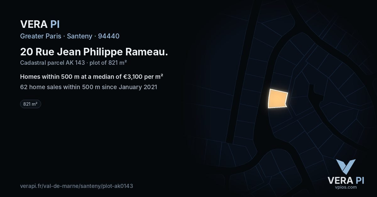 20 Rue Jean Philippe Rameau, Santeny at night – the plot lit, the parcels around coloured by the prices near them