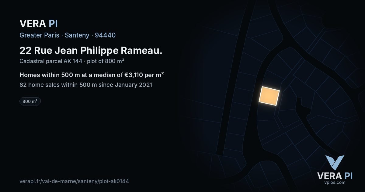22 Rue Jean Philippe Rameau, Santeny at night – the plot lit, the parcels around coloured by the prices near them