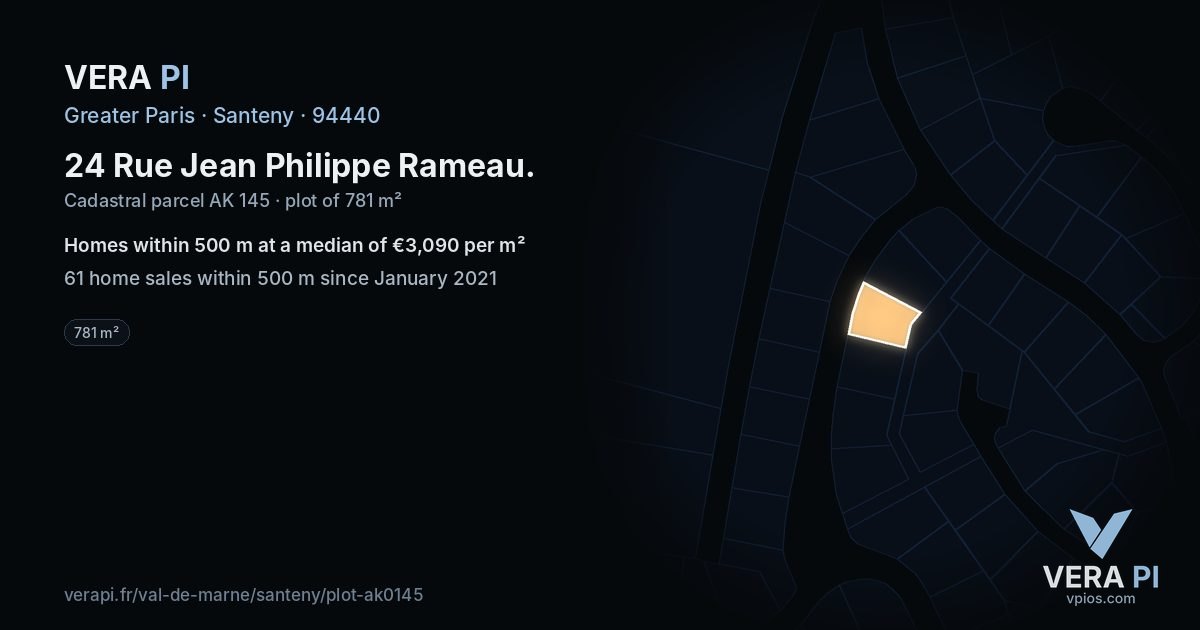 24 Rue Jean Philippe Rameau, Santeny at night – the plot lit, the parcels around coloured by the prices near them