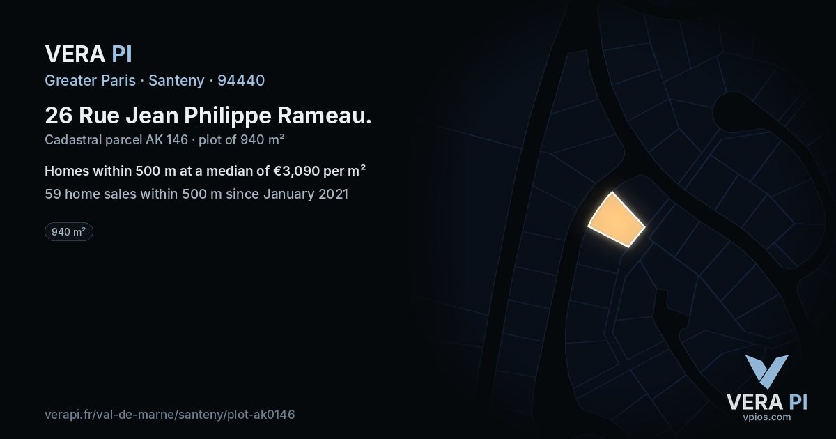 26 Rue Jean Philippe Rameau, Santeny at night – the plot lit, the parcels around coloured by the prices near them