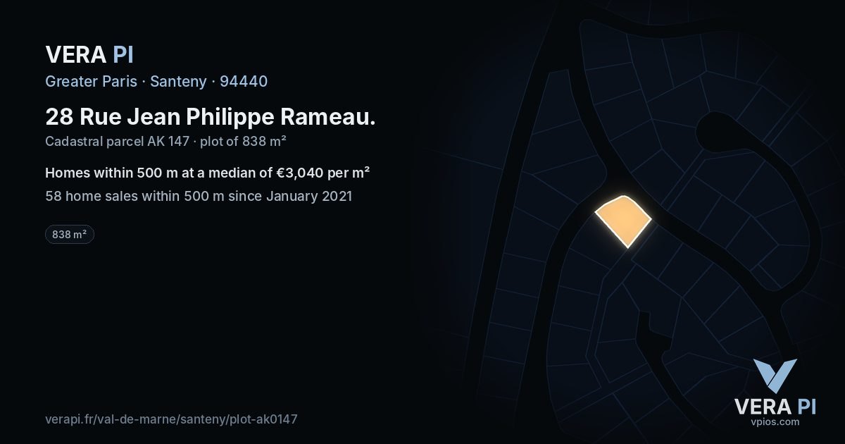 28 Rue Jean Philippe Rameau, Santeny at night – the plot lit, the parcels around coloured by the prices near them