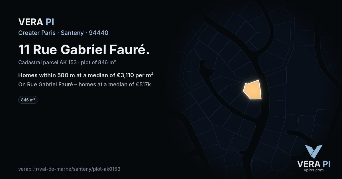 11 Rue Gabriel Fauré, Santeny at night – the plot lit, the parcels around coloured by the prices near them