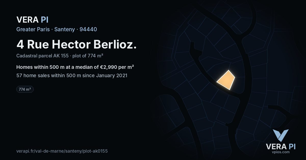 4 Rue Hector Berlioz, Santeny at night – the plot lit, the parcels around coloured by the prices near them