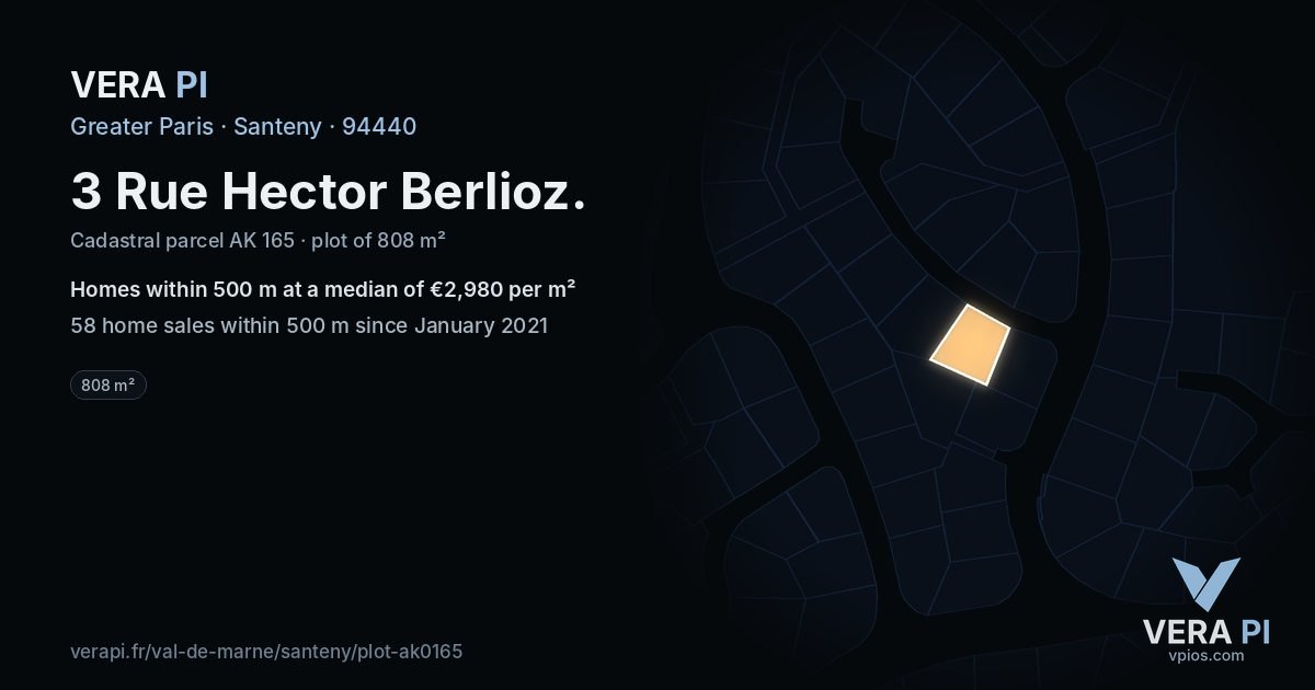 3 Rue Hector Berlioz, Santeny at night – the plot lit, the parcels around coloured by the prices near them