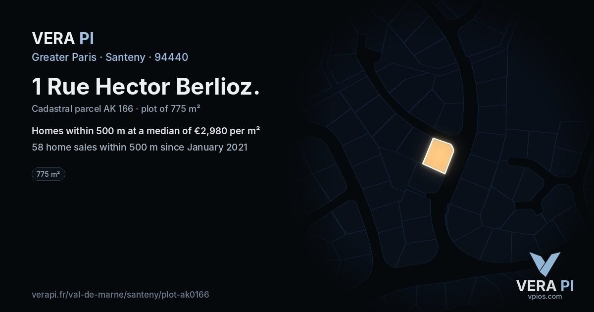 1 Rue Hector Berlioz, Santeny at night – the plot lit, the parcels around coloured by the prices near them