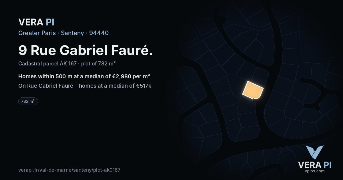 9 Rue Gabriel Fauré, Santeny at night – the plot lit, the parcels around coloured by the prices near them