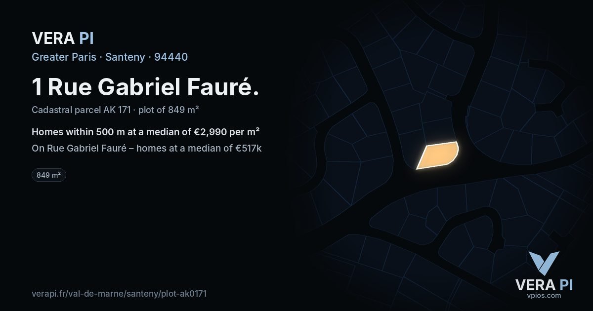 1 Rue Gabriel Fauré, Santeny at night – the plot lit, the parcels around coloured by the prices near them