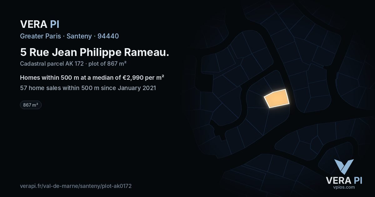 5 Rue Jean Philippe Rameau, Santeny at night – the plot lit, the parcels around coloured by the prices near them