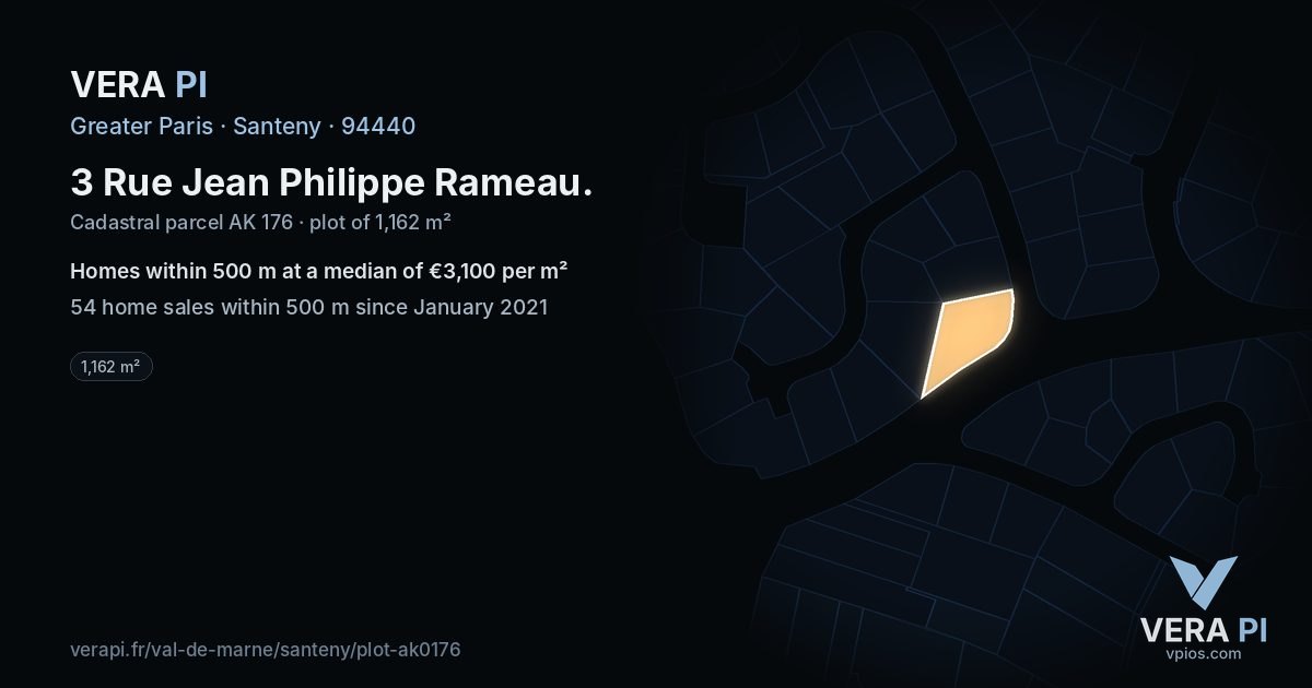 3 Rue Jean Philippe Rameau, Santeny at night – the plot lit, the parcels around coloured by the prices near them