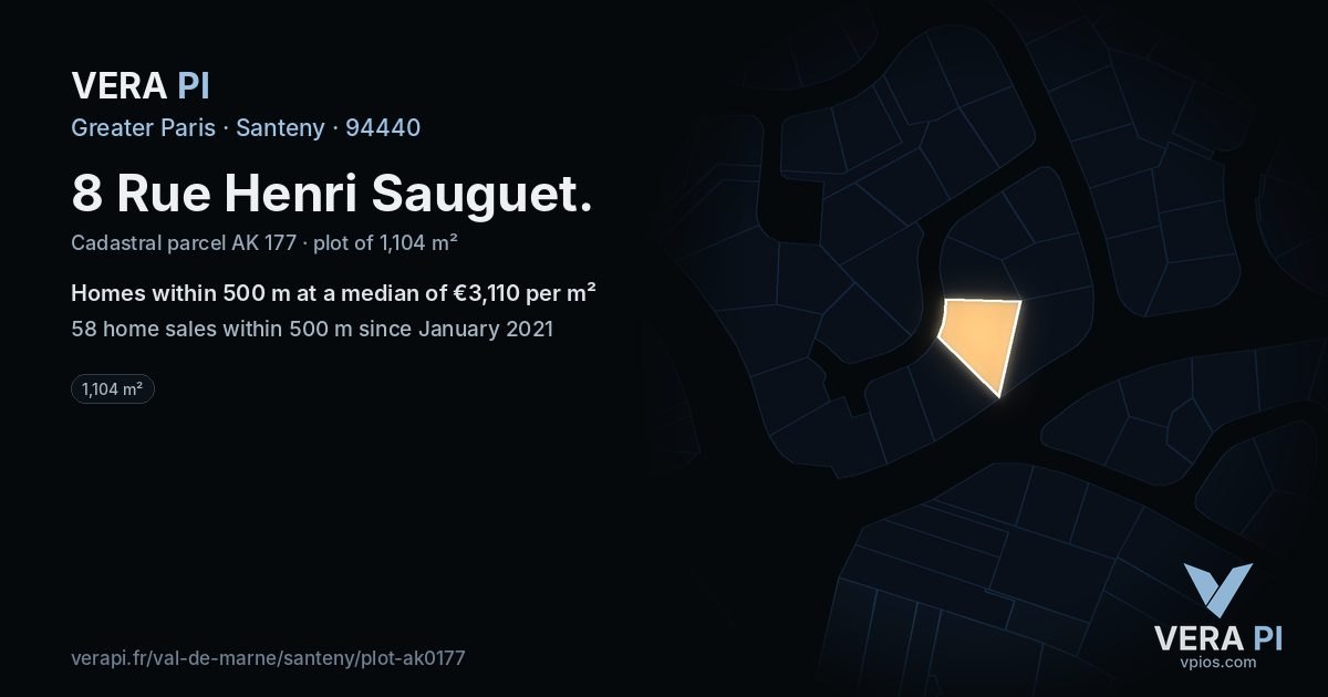 8 Rue Henri Sauguet, Santeny at night – the plot lit, the parcels around coloured by the prices near them