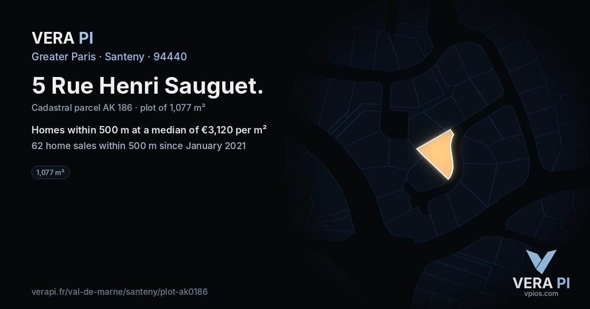 5 Rue Henri Sauguet, Santeny at night – the plot lit, the parcels around coloured by the prices near them