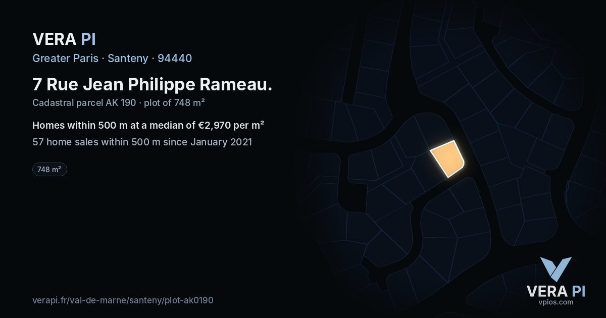 7 Rue Jean Philippe Rameau, Santeny at night – the plot lit, the parcels around coloured by the prices near them