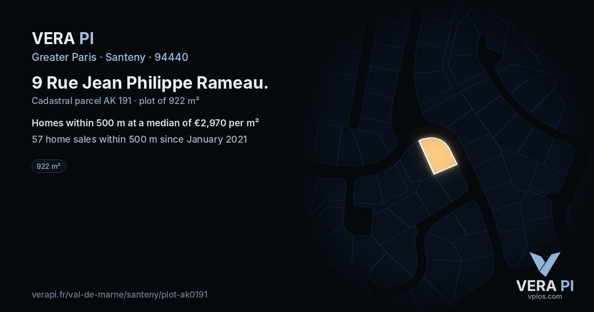 9 Rue Jean Philippe Rameau, Santeny at night – the plot lit, the parcels around coloured by the prices near them