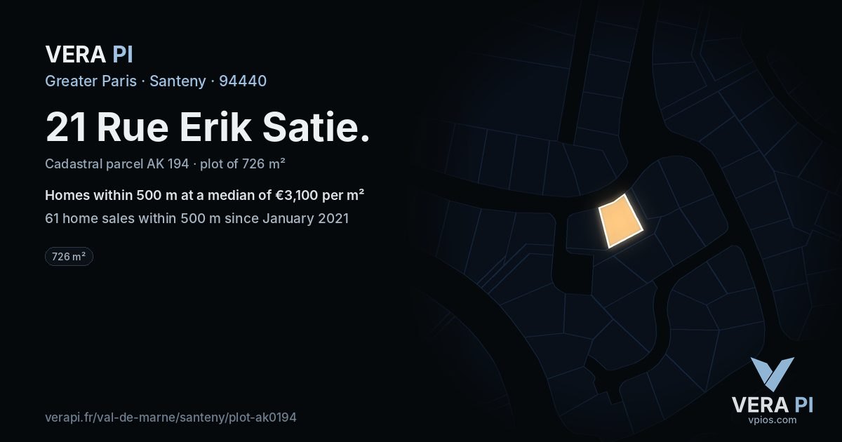 21 Rue Erik Satie, Santeny at night – the plot lit, the parcels around coloured by the prices near them