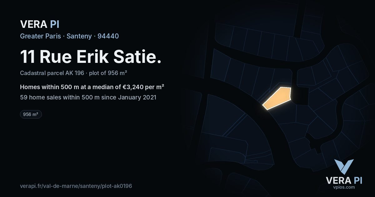11 Rue Erik Satie, Santeny at night – the plot lit, the parcels around coloured by the prices near them