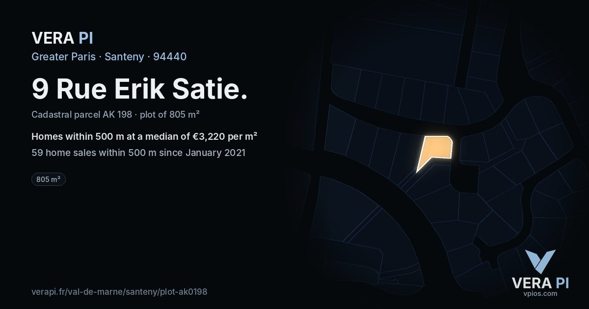 9 Rue Erik Satie, Santeny at night – the plot lit, the parcels around coloured by the prices near them