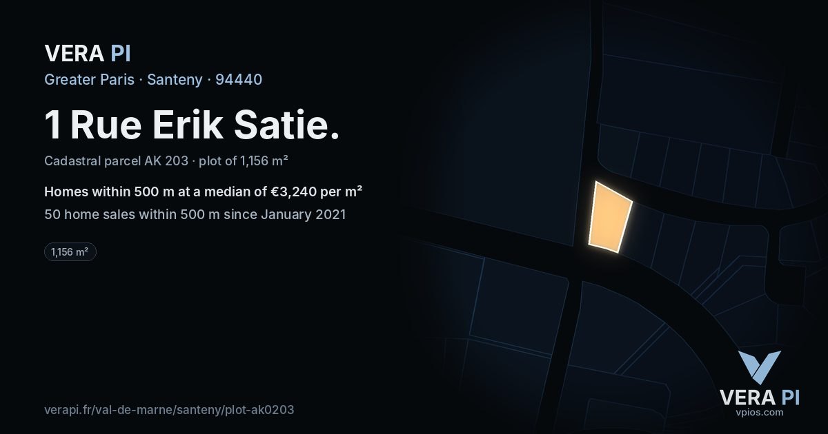 1 Rue Erik Satie, Santeny at night – the plot lit, the parcels around coloured by the prices near them