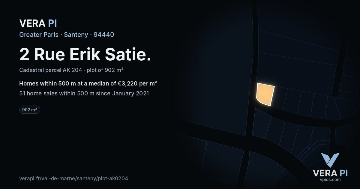 2 Rue Erik Satie, Santeny at night – the plot lit, the parcels around coloured by the prices near them