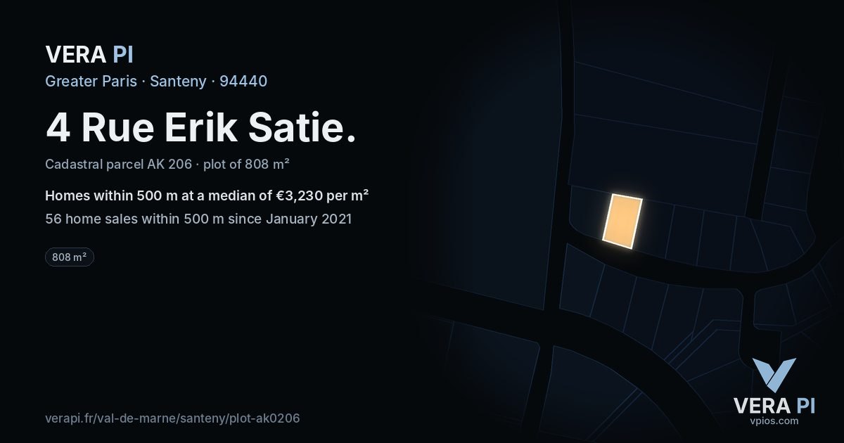 4 Rue Erik Satie, Santeny at night – the plot lit, the parcels around coloured by the prices near them
