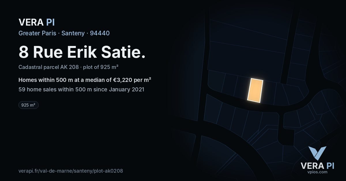 8 Rue Erik Satie, Santeny at night – the plot lit, the parcels around coloured by the prices near them