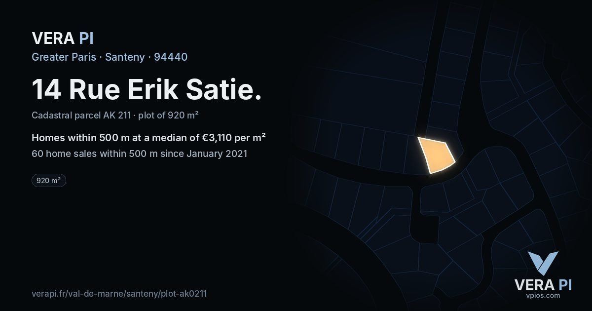 14 Rue Erik Satie, Santeny at night – the plot lit, the parcels around coloured by the prices near them