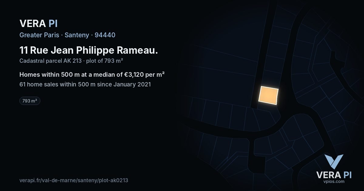 11 Rue Jean Philippe Rameau, Santeny at night – the plot lit, the parcels around coloured by the prices near them