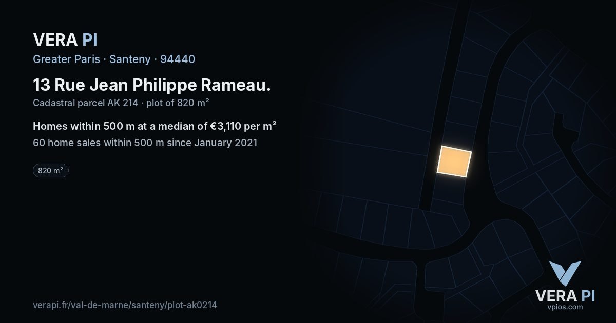 13 Rue Jean Philippe Rameau, Santeny at night – the plot lit, the parcels around coloured by the prices near them