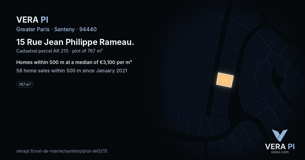 15 Rue Jean Philippe Rameau, Santeny at night – the plot lit, the parcels around coloured by the prices near them