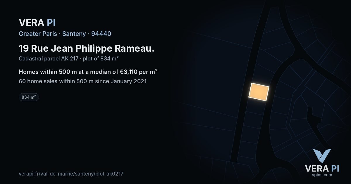 19 Rue Jean Philippe Rameau, Santeny at night – the plot lit, the parcels around coloured by the prices near them
