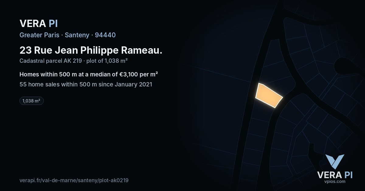 23 Rue Jean Philippe Rameau, Santeny at night – the plot lit, the parcels around coloured by the prices near them