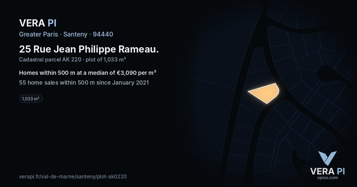 25 Rue Jean Philippe Rameau, Santeny at night – the plot lit, the parcels around coloured by the prices near them