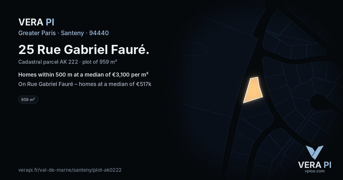 25 Rue Gabriel Fauré, Santeny at night – the plot lit, the parcels around coloured by the prices near them