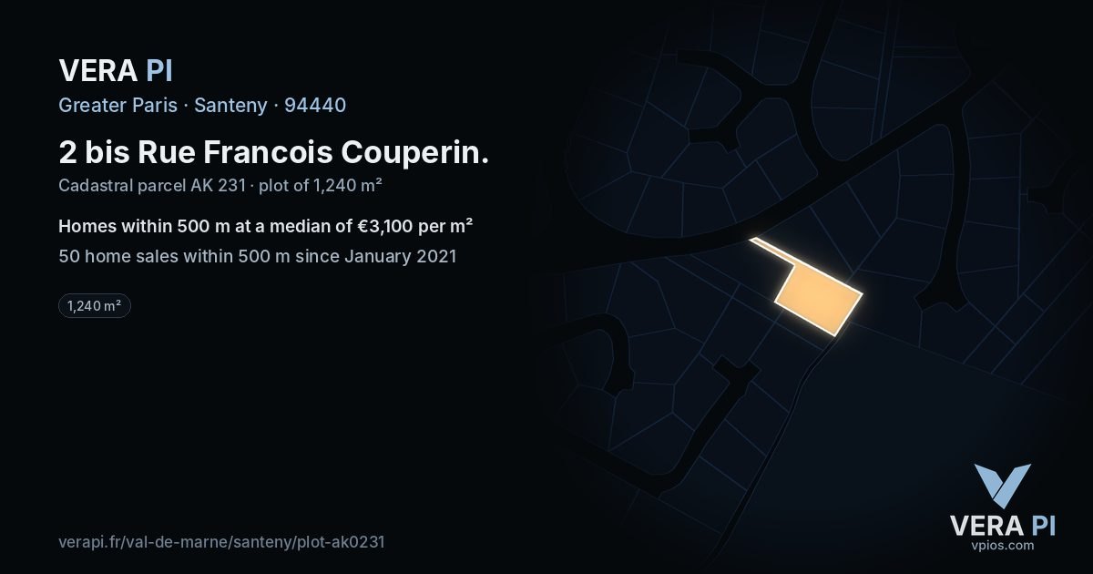 2 bis Rue Francois Couperin, Santeny at night – the plot lit, the parcels around coloured by the prices near them