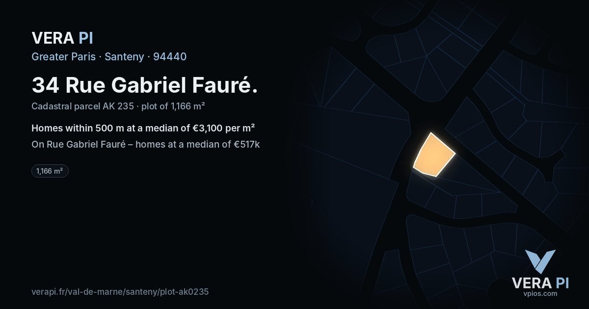 34 Rue Gabriel Fauré, Santeny at night – the plot lit, the parcels around coloured by the prices near them
