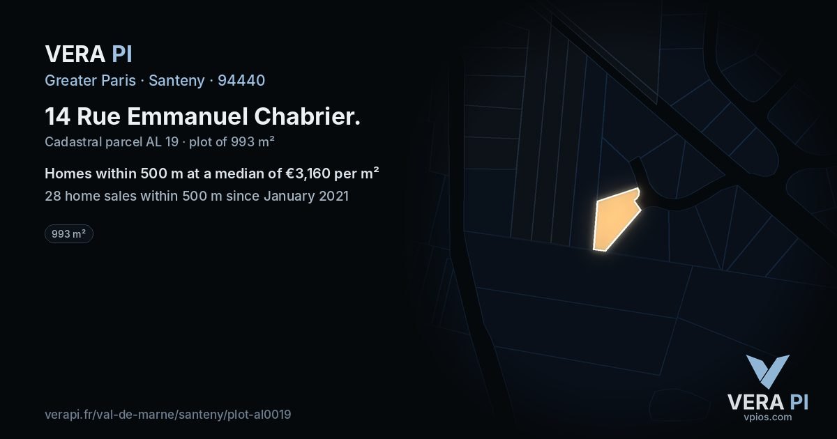 14 Rue Emmanuel Chabrier, Santeny at night – the plot lit, the parcels around coloured by the prices near them