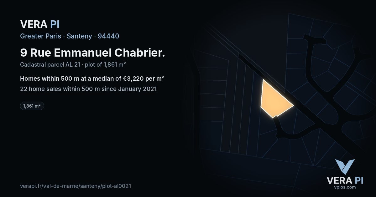 9 Rue Emmanuel Chabrier, Santeny at night – the plot lit, the parcels around coloured by the prices near them